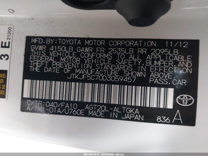 2013 Scion Tc VIN JTKJF5C70D3059457 IAAI salvage auction — FRONT END, Salvage - Greater Than 75% (Maryland), sold $850 on 2026-08-01 (photo 9)