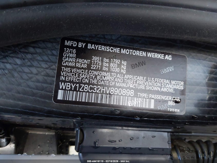 2017 BMW I3 VIN WBY1Z8C32HV890898 IAAI salvage auction — FRONT END, Salvage Title, sold $125 on 2026-07-29 (photo 9)