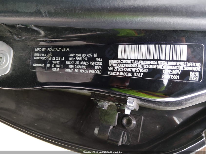 2017 Fiat 500x VIN ZFBCFXAB7HP579580 IAAI salvage auction — REAR END, Salvage Title, sold $625 on 2026-07-29 (photo 9)