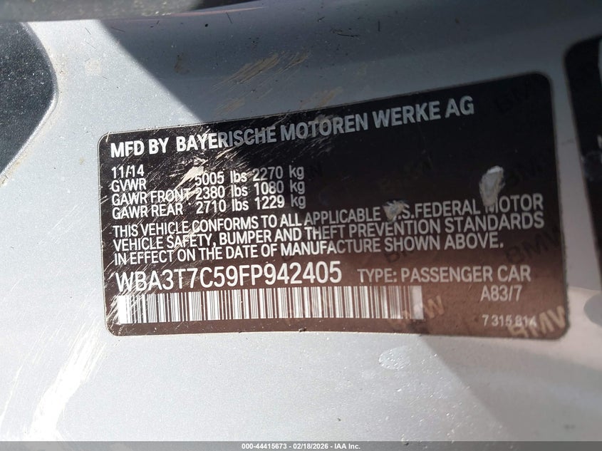 2015 BMW 4er VIN WBA3T7C59FP942405 IAAI salvage auction — FRONT END, Salvage Title, sold $2,950 on 2026-08-21 (photo 9)