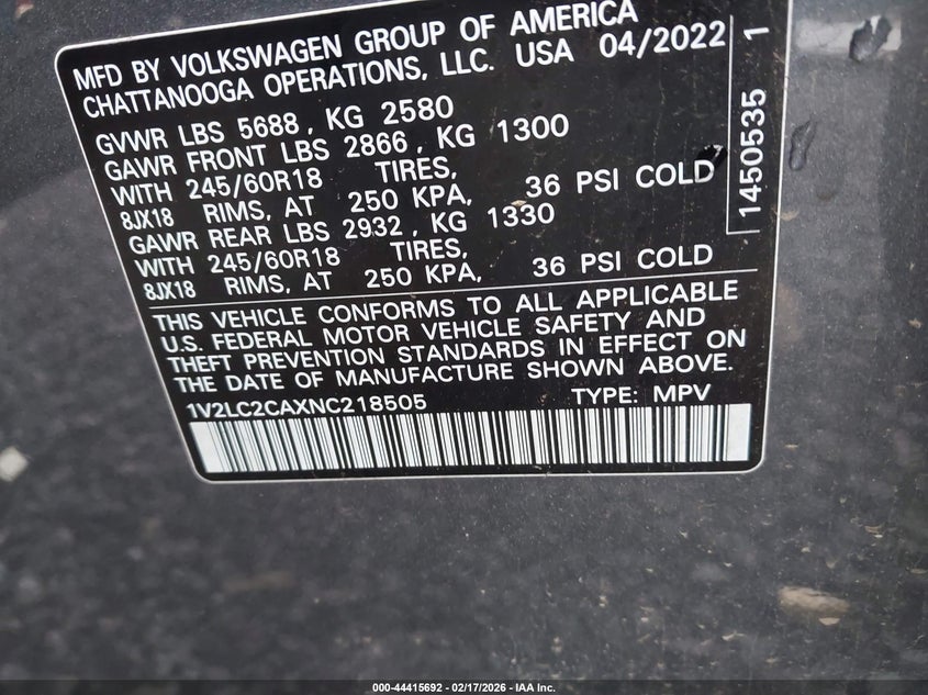 2022 Volkswagen Atlas cross sport VIN 1V2LC2CAXNC218505 IAAI salvage auction — SIDE, Salvage Title, sold $7,100 on 2026-07-10 (photo 9)