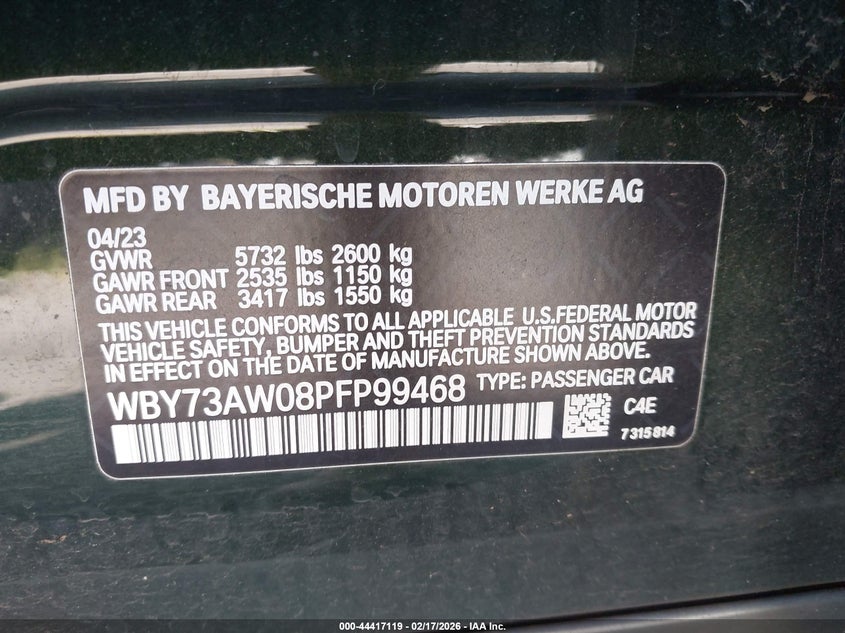 2023 BMW I4 VIN WBY73AW08PFP99468 IAAI salvage auction — FRONT END, Salvage (Hawaii), sold $3,650 on 2026-07-16 (photo 9)