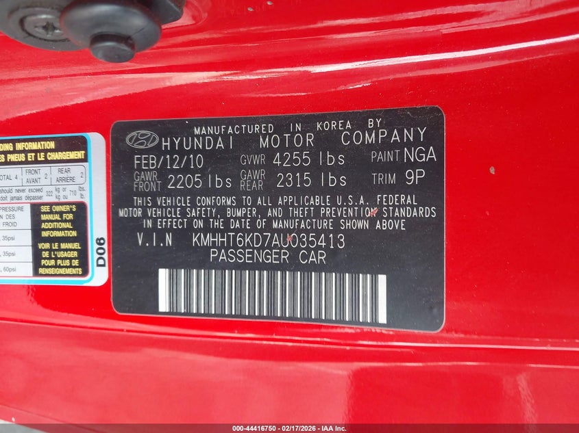 2010 Hyundai Genesis VIN KMHHT6KD7AU035413 IAAI salvage auction — FRONT END, Salvage (California), sold $450 on 2026-07-16 (photo 9)