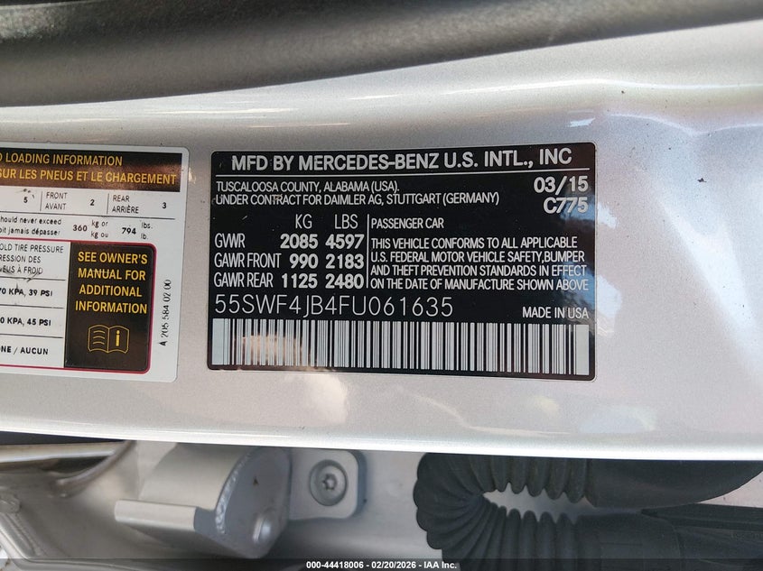 2015 Mercedes-benz C-klasse VIN 55SWF4JB4FU061635 IAAI salvage auction — FRONT & REAR, Salvage (Arkansas), sold $1,150 on 2026-07-09 (photo 9)