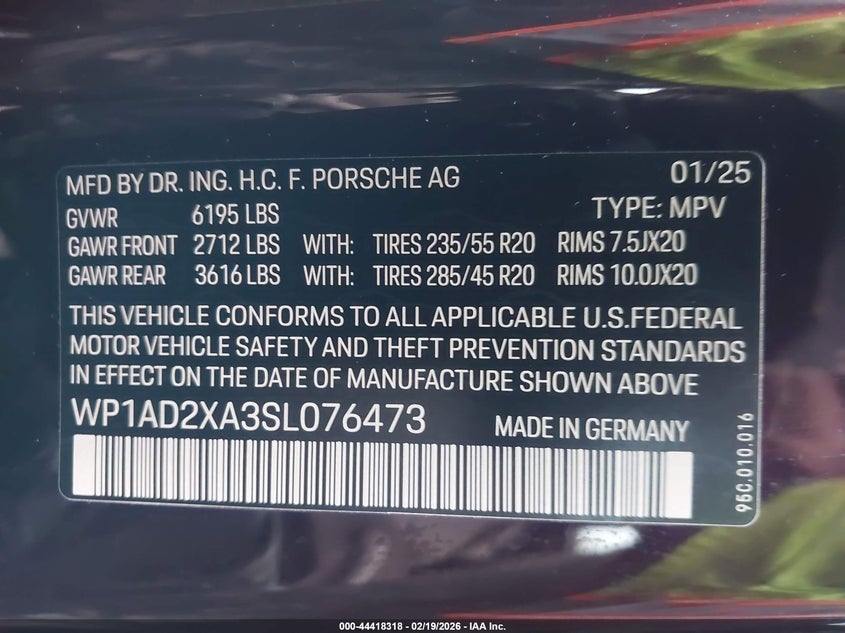 2025 Porsche Macan VIN WP1AD2XA3SL076473 IAAI salvage auction — FRONT END, Salvage - Greater Than 75% (Maryland), sold $21,450 on 2026-07-08 (photo 9)