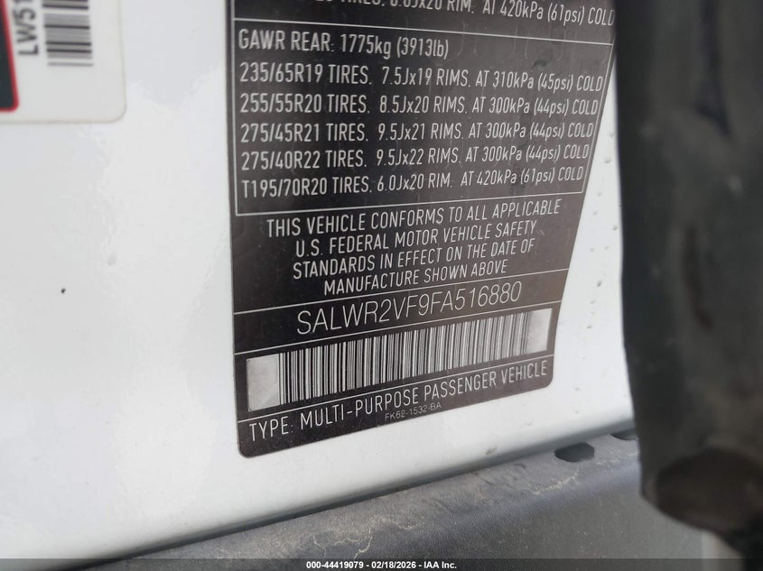 2015 Land rover Range rover sport VIN SALWR2VF9FA516880 IAAI salvage auction — FRONT END, Salvage Title, sold $3,250 on 2026-10-12 (photo 9)