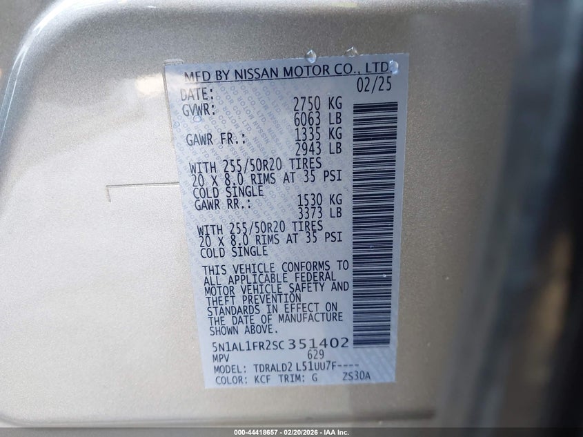 2025 Infiniti Qx60 VIN 5N1AL1FR2SC351402 IAAI salvage auction — FRONT END, Salvage Title, sold $12,950 on 2026-07-29 (photo 9)