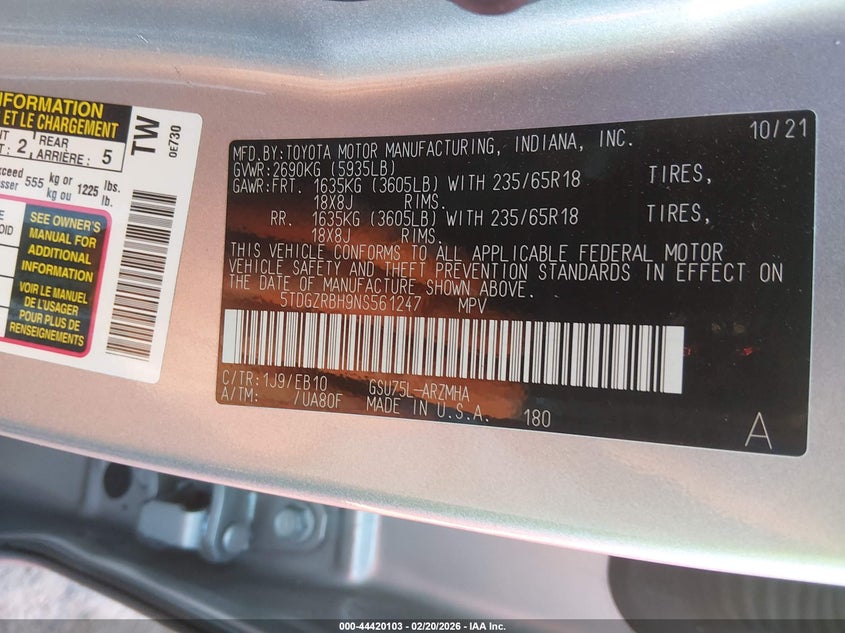 2022 Toyota Highlander VIN 5TDGZRBH9NS561247 IAAI salvage auction — REAR END, Clear (Oklahoma), sold $16,000 on 2026-07-29 (photo 9)