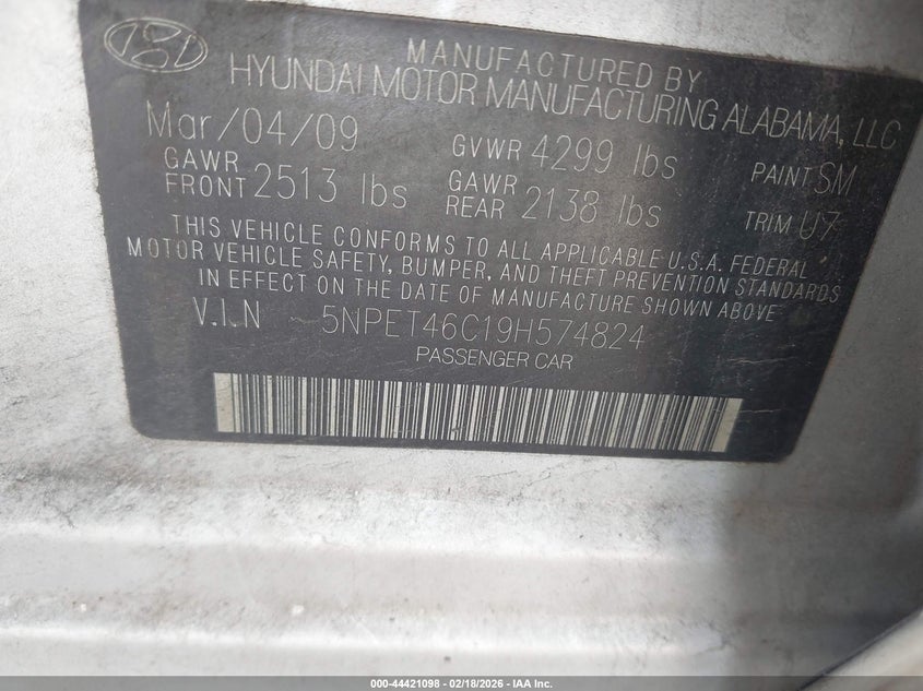 2009 Hyundai Sonata VIN 5NPET46C19H574824 IAAI salvage auction — RIGHT FRONT, Salvage (Texas), sold $300 on 2026-07-16 (photo 9)