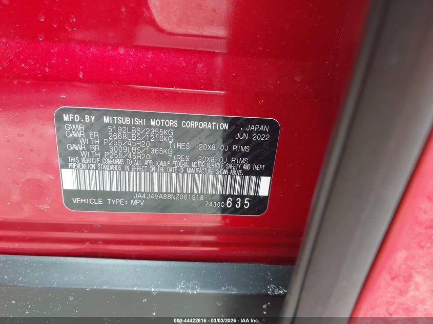2022 Mitsubishi Outlander VIN JA4J4VA88NZ081918 IAAI salvage auction — FRONT & REAR, Salvage Title, sold $3,950 on 2026-07-28 (photo 9)