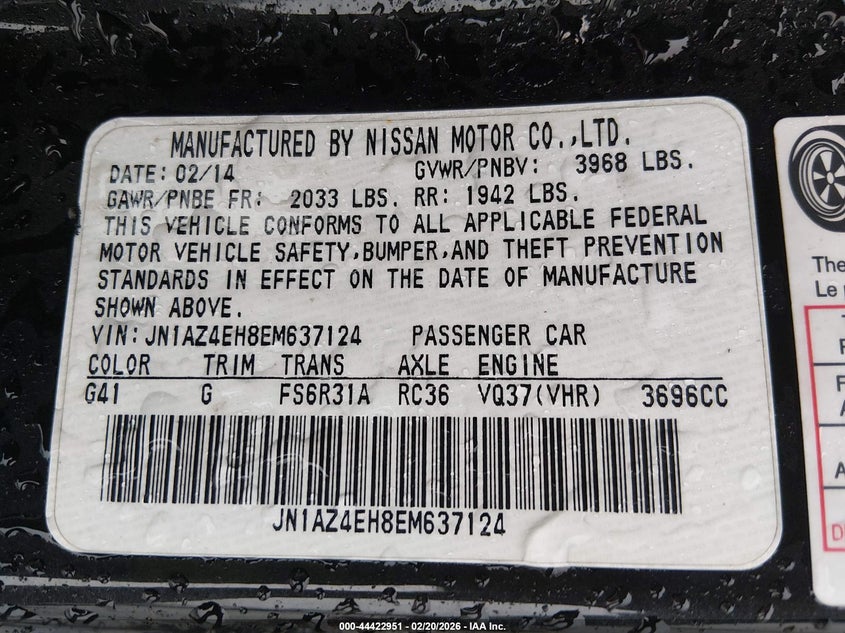 2014 Nissan 370z VIN JN1AZ4EH8EM637124 IAAI salvage auction — ALL OVER, Salvage Title, sold $975 on 2026-07-24 (photo 9)