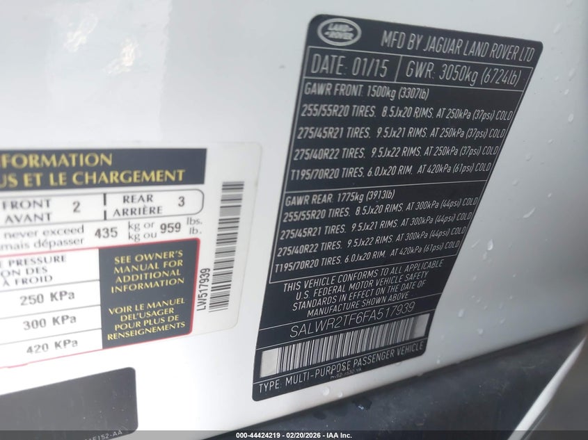 2015 Land rover Range rover sport VIN SALWR2TF6FA517939 IAAI salvage auction — REAR END, Salvage (Georgia), sold $5,100 on 2026-07-08 (photo 9)