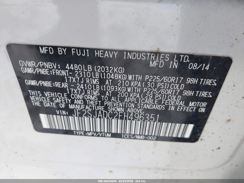 2015 Subaru Forester VIN JF2SJADC2FH496351 IAAI salvage auction — FRONT END, Salvage Title, sold $475 on 2026-07-10 (photo 9)