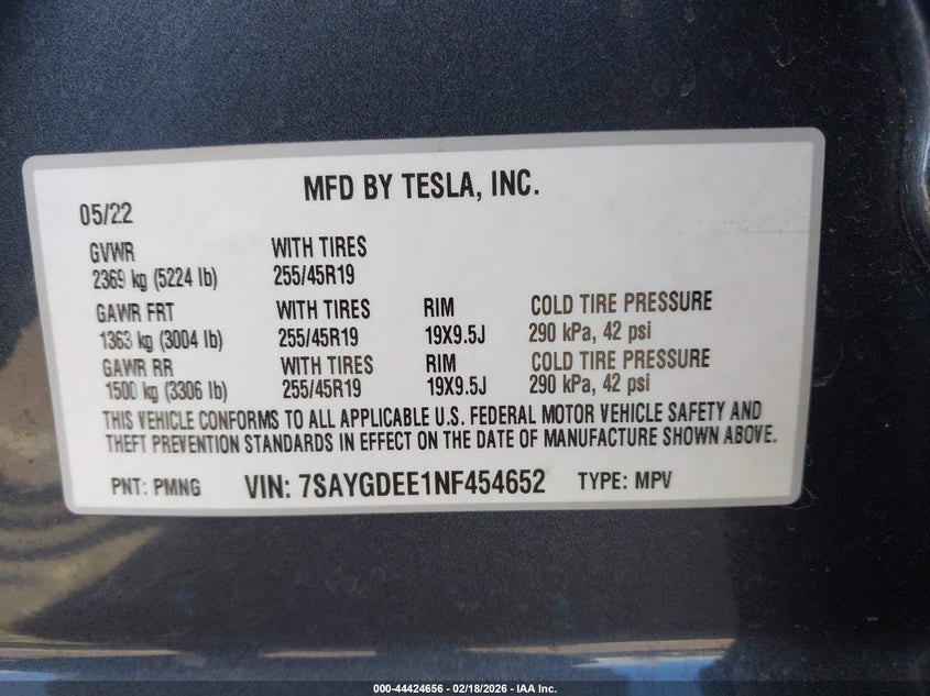 2022 Tesla Model y VIN 7SAYGDEE1NF454652 IAAI salvage auction — LEFT SIDE, Salvage (Hawaii), sold $2,050 on 2026-07-21 (photo 9)