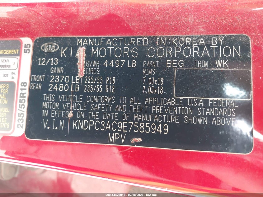 2014 Kia Sportage VIN KNDPC3AC9E7585949 IAAI salvage auction — FRONT END, Salvage Title, sold $1,900 on 2026-07-17 (photo 9)