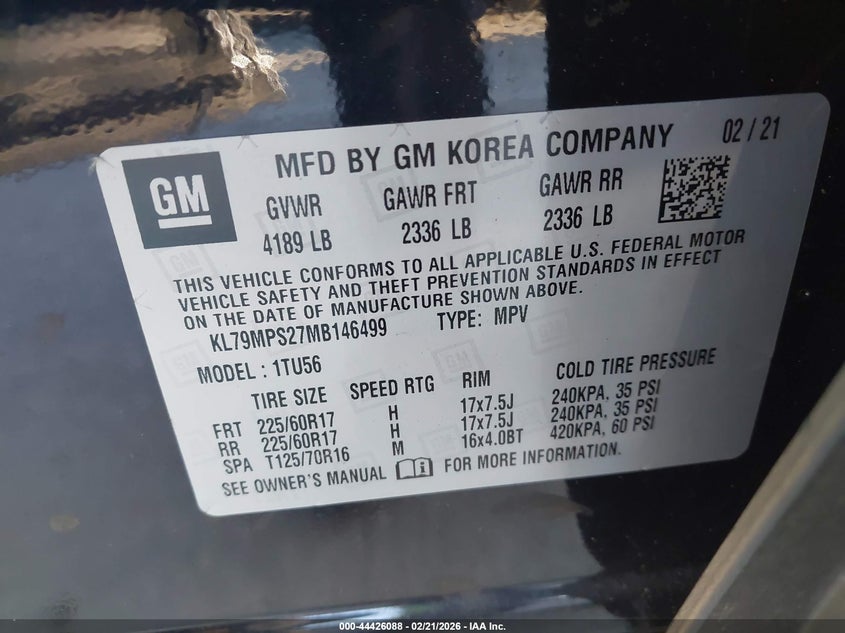 2021 Chevrolet Trailblazer VIN KL79MPS27MB146499 IAAI salvage auction — Front End, Lien Papers (California), sold $575 on 2026-07-02 (photo 9)