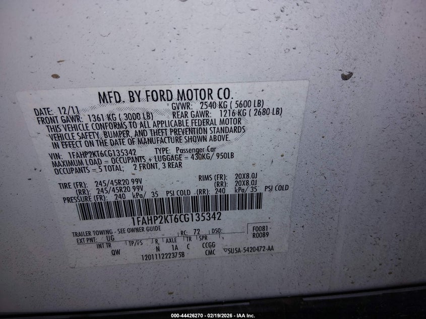 2012 Ford Taurus VIN 1FAHP2KT6CG135342 IAAI salvage auction — FRONT END, Salvage (Oregon), sold $875 on 2026-07-09 (photo 9)