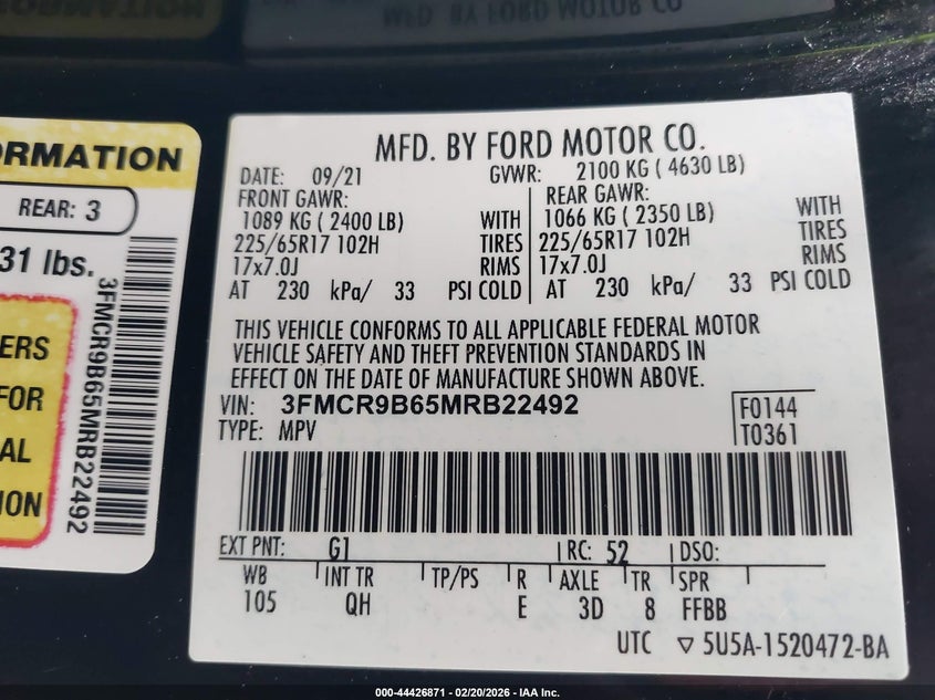 2021 Ford Bronco sport VIN 3FMCR9B65MRB22492 IAAI salvage auction — REAR END, Original (Texas), sold $5,200 on 2026-07-09 (photo 9)