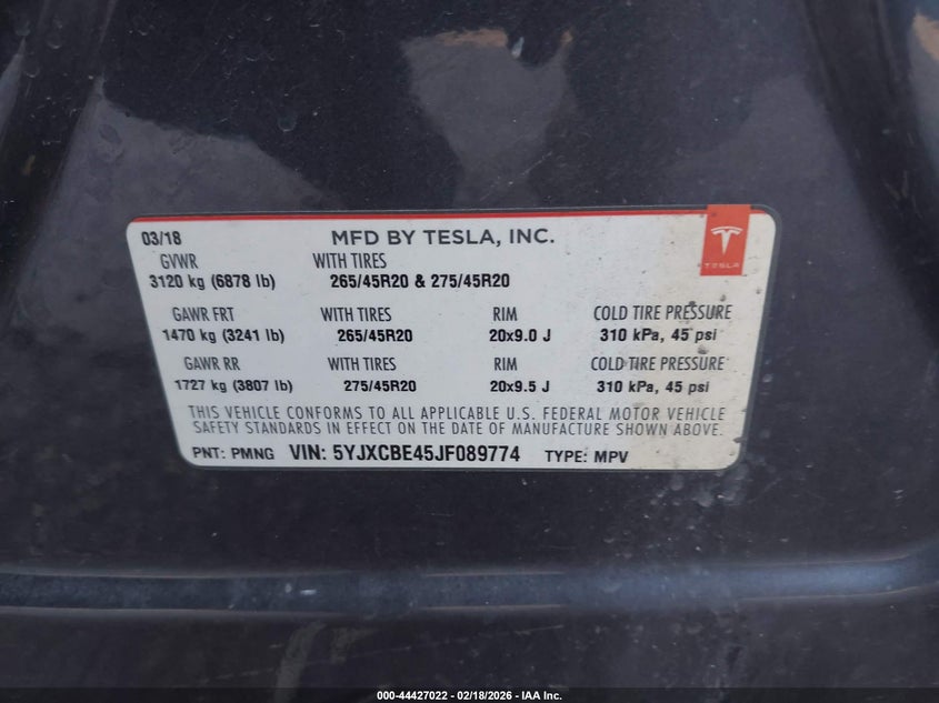 2018 Tesla Model x VIN 5YJXCBE45JF089774 IAAI salvage auction — SIDE, Salvage (Missouri), sold $5,500 on 2026-07-29 (photo 9)