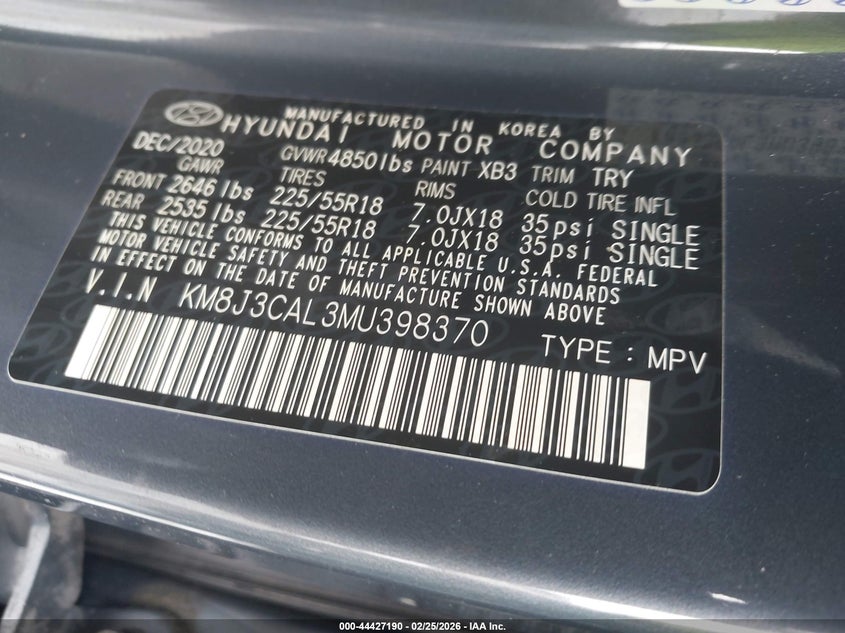 2021 Hyundai Tucson VIN KM8J3CAL3MU398370 IAAI salvage auction — FRONT & REAR, Salvage Title, sold $4,950 on 2026-07-14 (photo 9)