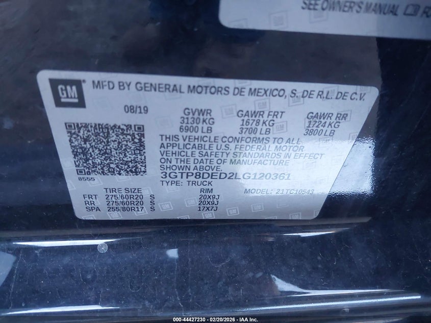 2020 Gmc SIERRA VIN 3GTP8DED2LG120361 IAAI salvage auction — FRONT END, Salvage Title, sold $9,000 on 2026-07-12 (photo 9)