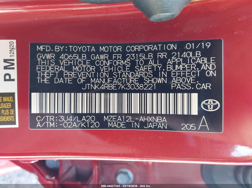2019 Toyota Corolla VIN JTNK4RBE7K3038221 IAAI salvage auction — LEFT SIDE, Clear (Oklahoma), sold $4,700 on 2026-07-08 (photo 9)