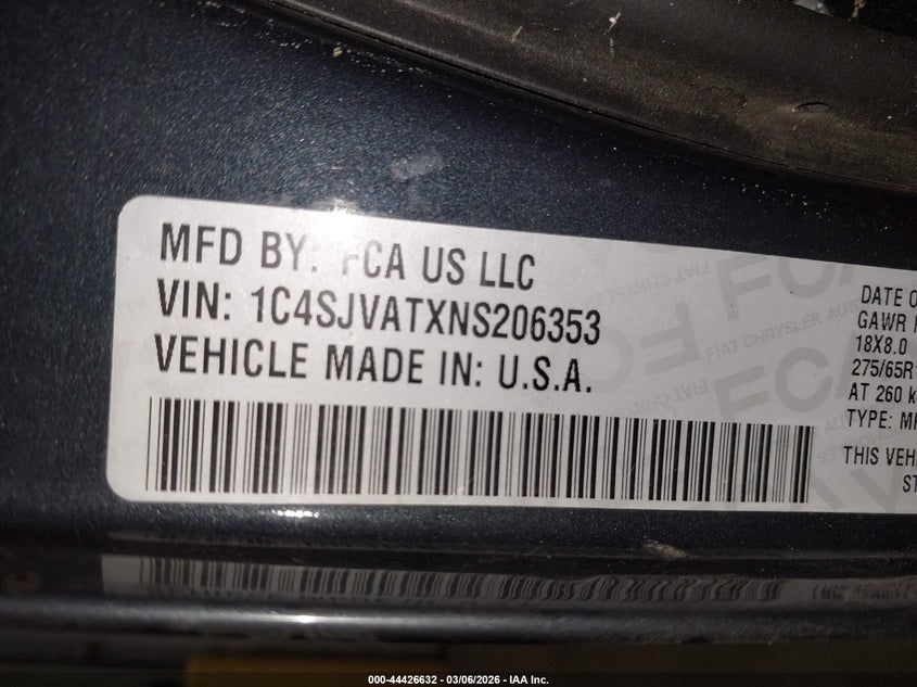 2022 Jeep VIN 1C4SJVATXNS206353 IAAI salvage auction — FRONT END, Salvage Title, sold $1,100 on 2026-07-19 (photo 9)