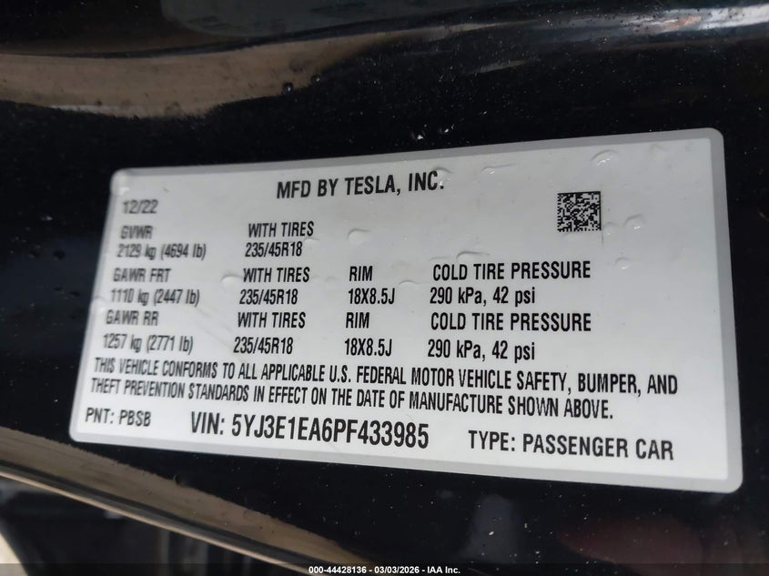 2023 Tesla Model 3 VIN 5YJ3E1EA6PF433985 IAAI salvage auction — Electrical, Clear (Montana), sold $13,200 on 2026-03-16 (photo 9)