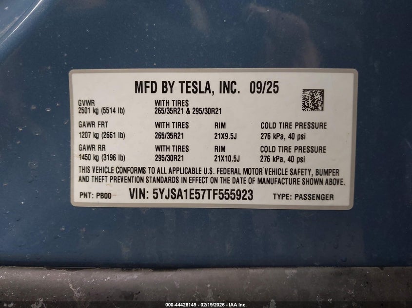 2026 Tesla Model s VIN 5YJSA1E57TF555923 IAAI salvage auction — ALL OVER, Salvage Title (New York), sold $13,100 on 2026-07-30 (photo 9)