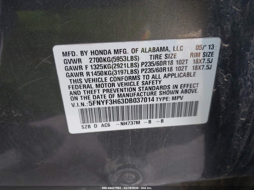 2013 Honda Pilot VIN 5FNYF3H63DB037014 IAAI salvage auction — RIGHT FRONT, Salvage Title, sold $1,250 on 2026-07-22 (photo 9)