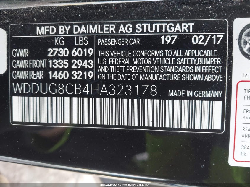 2017 Mercedes-benz S-klasse VIN WDDUG8CB4HA323178 IAAI salvage auction — FRONT END, Clear (Oklahoma), sold $6,425 on 2026-07-15 (photo 9)
