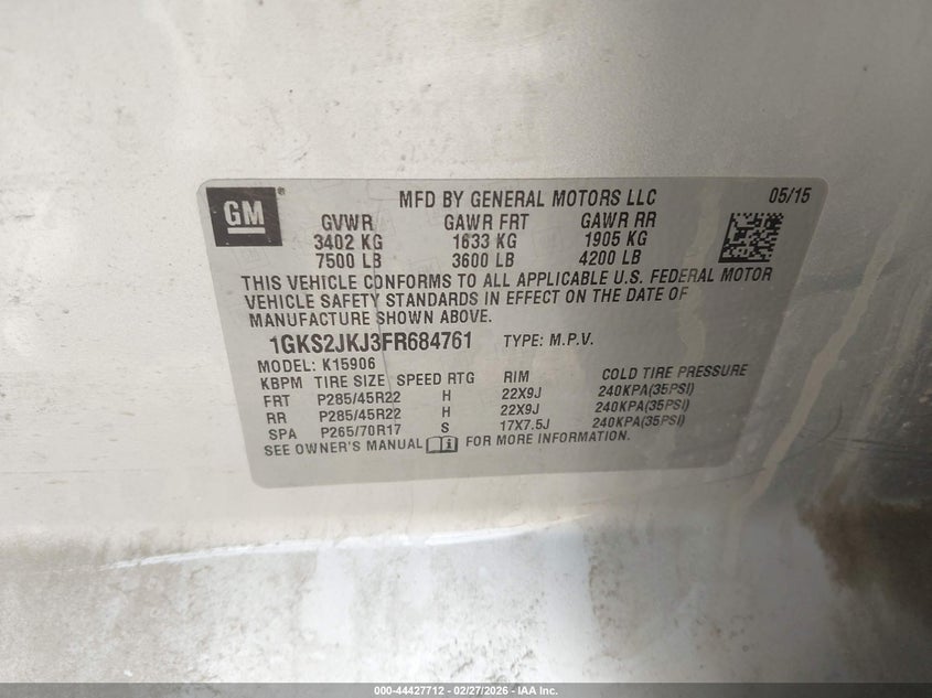 2015 Gmc Yukon VIN 1GKS2JKJ3FR684761 IAAI salvage auction — REAR END, Salvage (Montana), sold $2,050 on 2026-07-22 (photo 9)