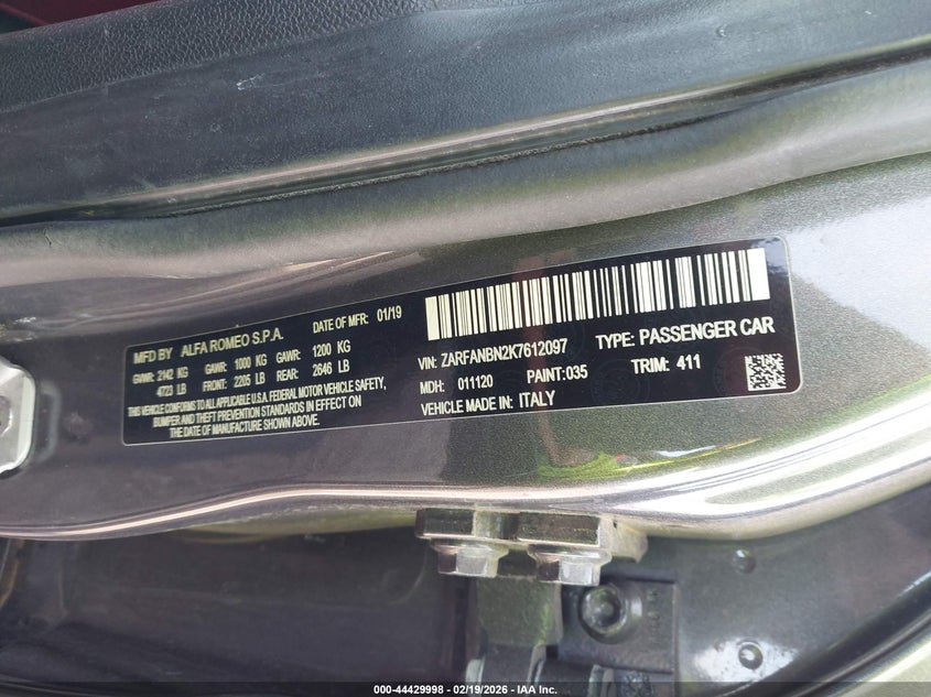 2019 Alfa romeo Giulia VIN ZARFANBN2K7612097 IAAI salvage auction — LEFT SIDE, Original (Texas), sold $4,500 on 2026-07-13 (photo 9)