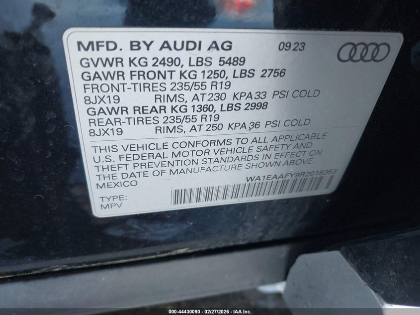 2024 Audi Q5 VIN WA1EAAFY9R2018353 IAAI salvage auction — FRONT END, Salvage (New Jersey), sold $13,300 on 2026-07-20 (photo 9)