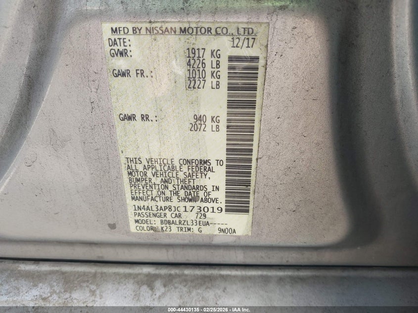 2018 Nissan Altima VIN 1N4AL3AP8JC173019 IAAI salvage auction — REAR END, Salvage Title, sold $1,050 on 2026-07-16 (photo 9)