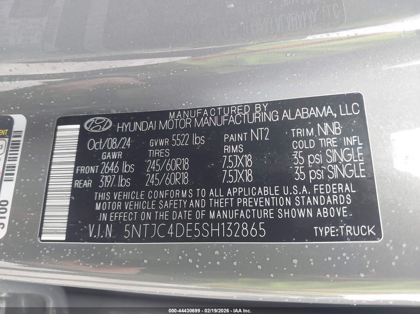 2025 Hyundai Santa cruz VIN 5NTJC4DE5SH132865 IAAI salvage auction — FRONT END, Salvage Title, sold $6,150 on 2026-07-15 (photo 9)
