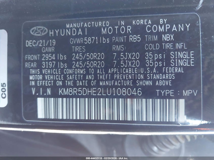 2020 Hyundai Palisade VIN KM8R5DHE2LU108046 IAAI salvage auction — FRONT END, Clear (Oklahoma), sold $5,300 on 2026-07-28 (photo 9)