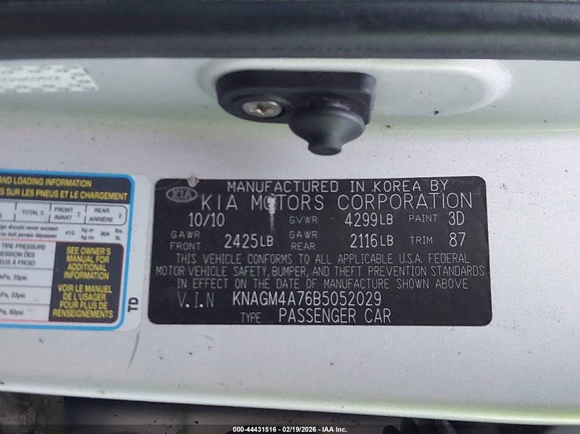 2011 Kia Optima VIN KNAGM4A76B5052029 IAAI salvage auction — FRONT & REAR, Clear (Indiana), sold $350 on 2026-07-22 (photo 9)