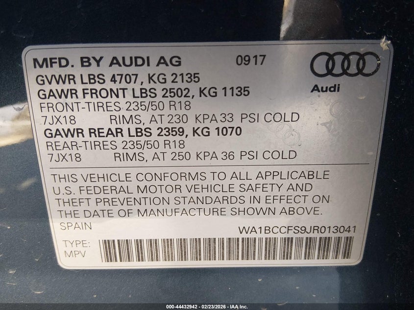 2018 Audi Q3 VIN WA1BCCFS9JR013041 IAAI salvage auction — FRONT END, Salvage (Florida), sold $4,350 on 2026-07-07 (photo 9)