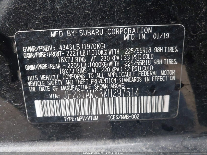 2019 Subaru Xv VIN JF2GTAMC3KH297514 IAAI salvage auction — FRONT END, Salvage (California), sold $2,450 on 2026-07-27 (photo 9)