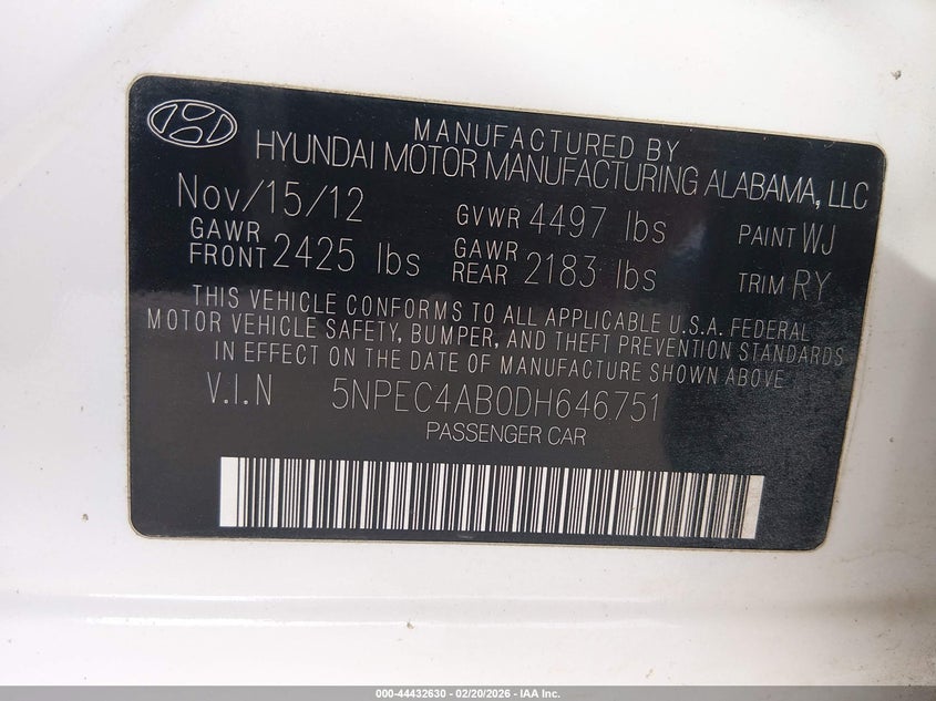 2013 Hyundai Sonata VIN 5NPEC4AB0DH646751 IAAI salvage auction — FRONT END, Salvage Title, sold $400 on 2026-07-23 (photo 9)