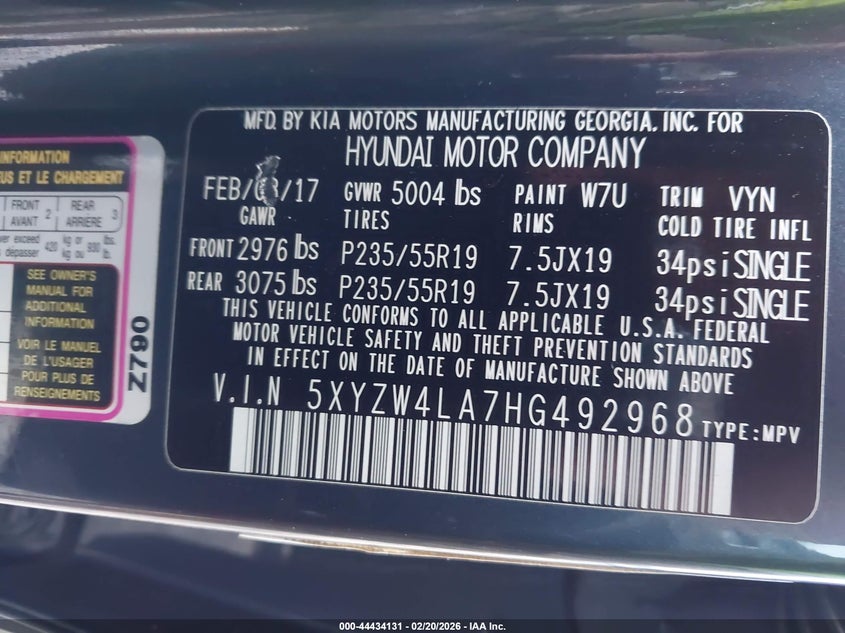 2017 Hyundai Santa fe VIN 5XYZW4LA7HG492968 IAAI salvage auction — FRONT END, Salvage Title, sold $725 on 2026-07-13 (photo 9)