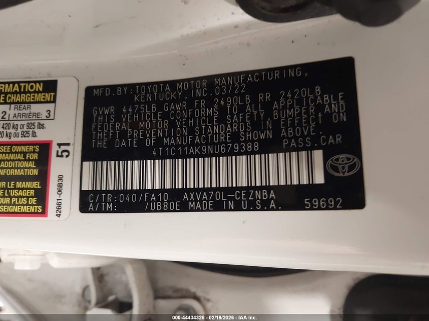 2022 Toyota Camry VIN 4T1C11AK9NU679388 IAAI salvage auction — FRONT END, Salvage (Minnesota), sold $6,300 on 2026-07-09 (photo 9)