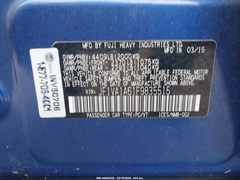 2015 Subaru Wrx VIN JF1VA1A61F9835515 IAAI salvage auction — LEFT REAR, Salvage Title, sold $2,050 on 2026-07-22 (photo 9)