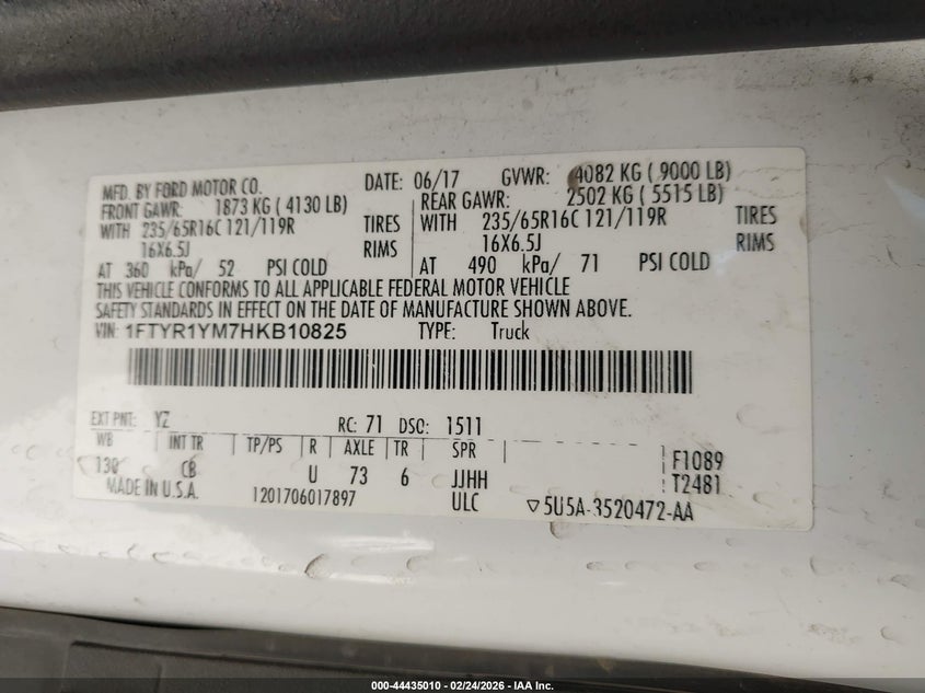 2017 Ford Transit VIN 1FTYR1YM7HKB10825 IAAI salvage auction — FRONT END, Salvage (Texas), sold $1,625 on 2026-08-31 (photo 9)