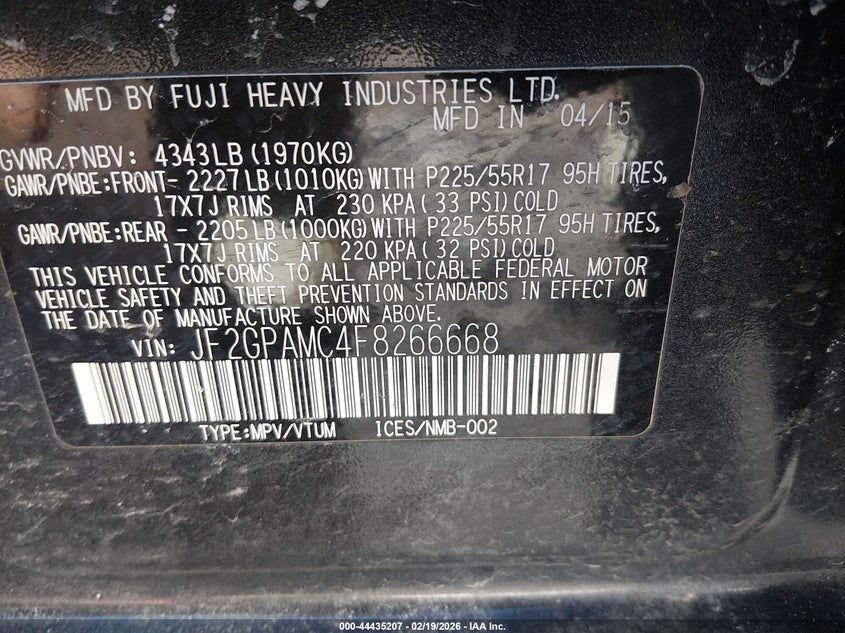 2015 Subaru Xv VIN JF2GPAMC4F8266668 IAAI salvage auction — FRONT END, Salvage (Vermont), sold $675 on 2026-07-16 (photo 9)