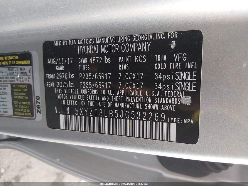 2018 Hyundai Santa fe VIN 5XYZT3LB5JG532269 IAAI salvage auction — FRONT END, Salvage (New Jersey), sold $2,350 on 2026-07-31 (photo 9)