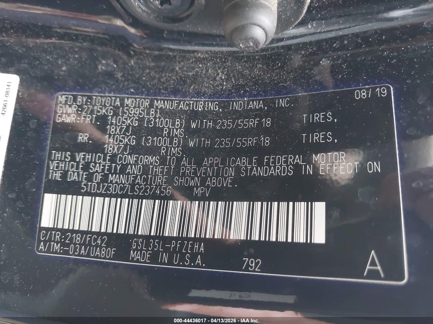 2020 Toyota Sienna VIN 5TDJZ3DC7LS237456 IAAI salvage auction — FRONT END, Wait Title, sold $2,200 on 2026-07-29 (photo 9)