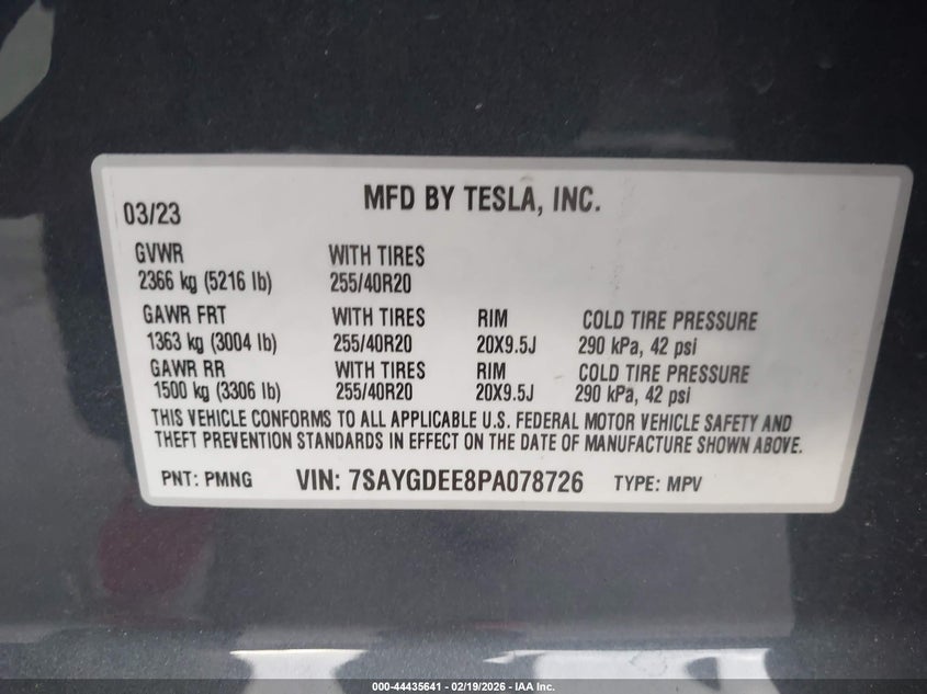 2023 Tesla Model y VIN 7SAYGDEE8PA078726 IAAI salvage auction — REAR END, Salvage Title, sold $11,000 on 2026-07-11 (photo 9)