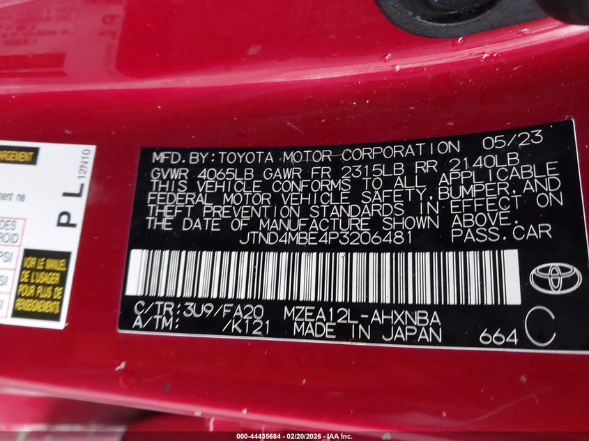 2023 Toyota Corolla VIN JTND4MBE4P3206481 IAAI salvage auction — FRONT END, Salvage Title, sold $1,325 on 2026-07-16 (photo 9)